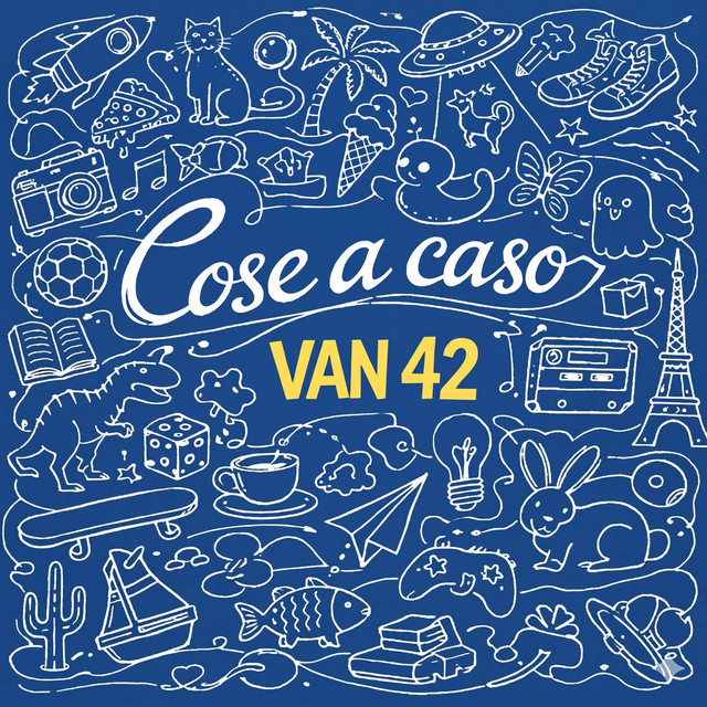 Copertina dell'album Cose a caso di Van 42: doodle bianchi disegnati a mano su fondo blu